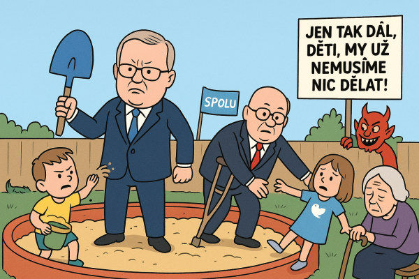 Červená lopatička, modrý pták a berle demokracie